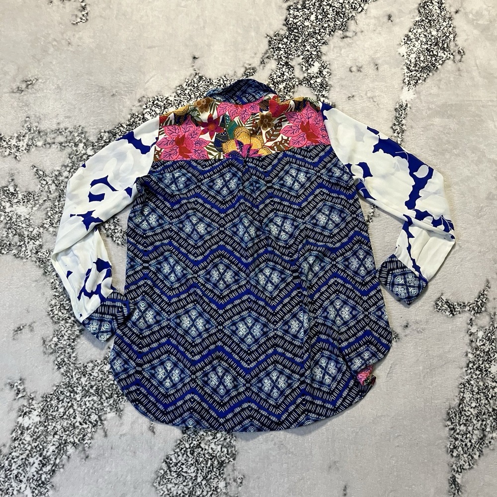 Rose Olive Shirt Womens Sz S Patchwork Floral Ikat Artsy Statement Vibrant Boho - Picture 4 of 8